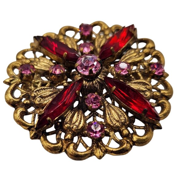 Vintage Austrian Filigree Brooch with Pink & Red Rhinestones, Signed Made in Aus - Picture 6 of 13